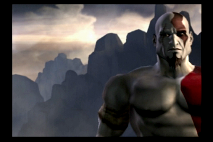 God of War (2005, PS2) — Kratos tog‘lar fonida, yaqin plandagi kinematik sahna