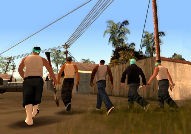 GTA: San Andreas (PS2) — oq maykadagi CJ Los Santos mahallasida Grove Street Families bilan yurmoqda