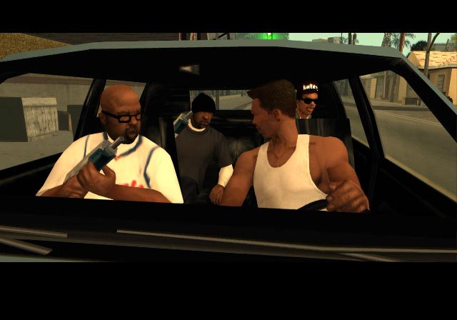 GTA: San Andreas (PS2) — CJ rulda, Big Smoke yonida; Sweet va Ryder orqa o‘rindiqda