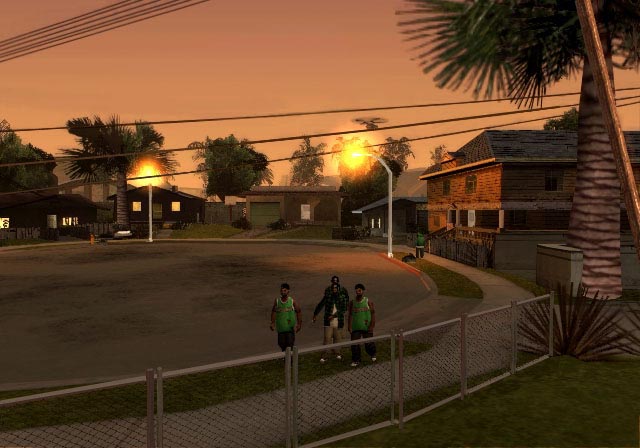 GTA: San Andreas (PS2) — Grove Street berk ko‘chasi va o‘ng tomonda CJning ikki qavatli uyi
