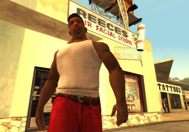 GTA: San Andreas (PS2) — oq maykadagi CJ Reece’s sartaroshxonasi oldida