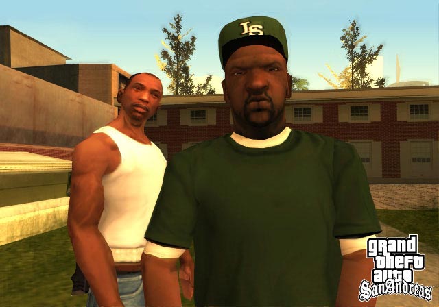 GTA: San Andreas (PS2) — oq maykadagi CJ va uning akasi Sweet