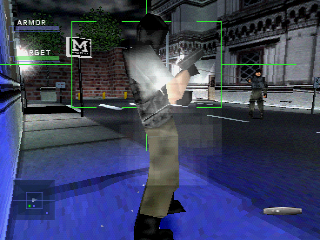 Syphon Filter (1999, PS1) — Gabe Logan taser bilan hujum qilmoqda.