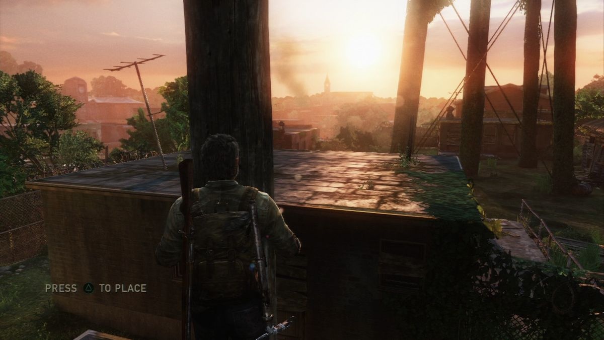 The Last of Us (2013, PS3) — Joel va Ellie quyosh botayotgan shahar xarobalarida