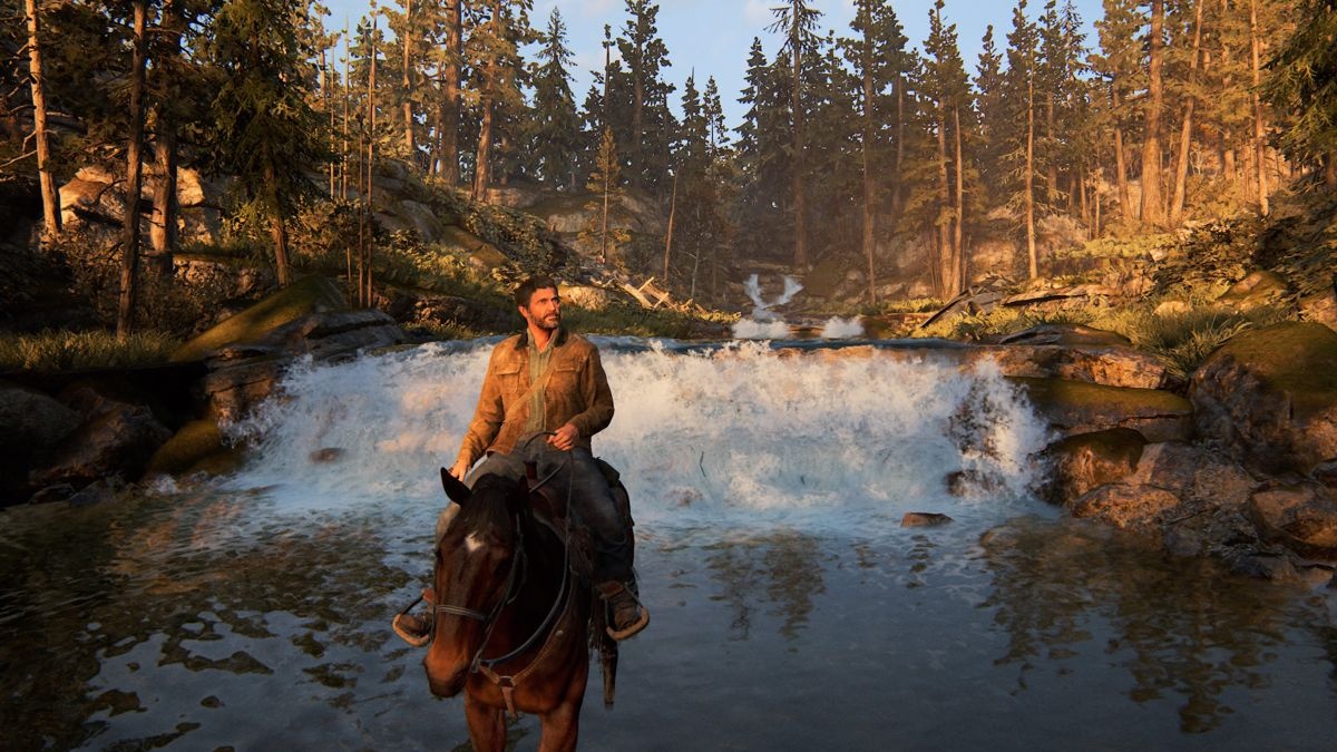 The Last of Us Part II (2020, PS4) — Joel ot ustida kuzgi o‘rmondagi soy bo‘ylab