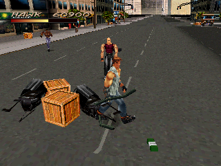 Fighting Force (1997, PS1) — ko‘chadagi jang, yog‘och qutilar va raqiblar.