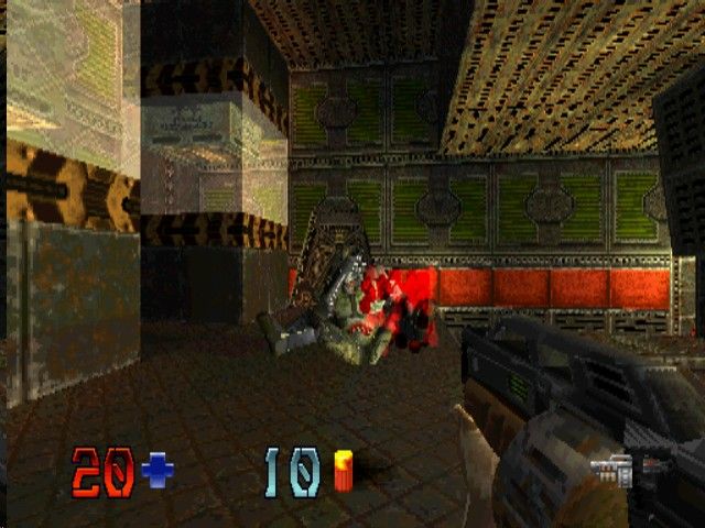 Quake II (1999, PS1) — Outer Base hududida qo‘riqchiga qarshi jang.