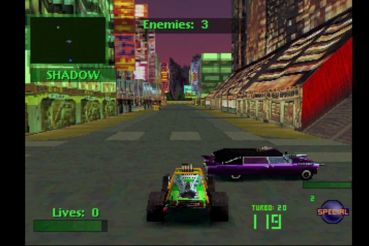 Twisted Metal 2 (1996, PS1) — Hong Kong ko‘chalaridagi jang.